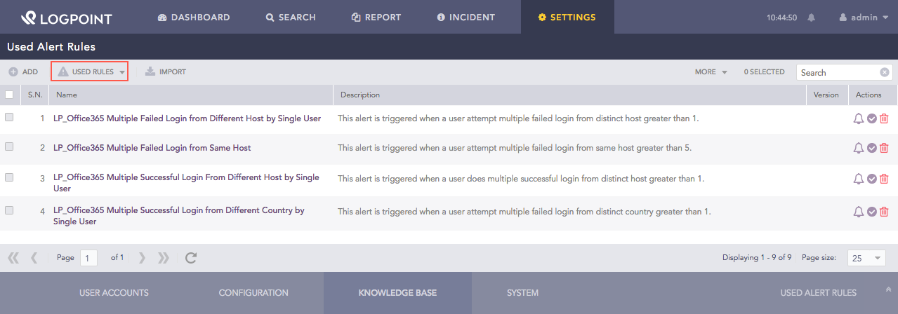 Used Alert Rules Page