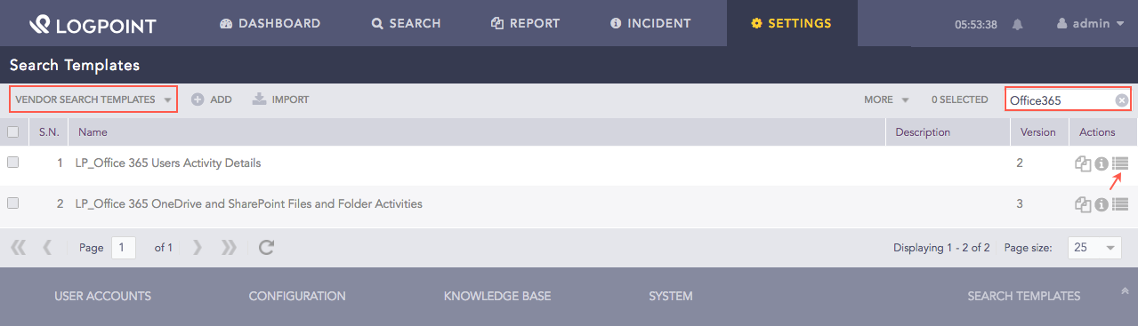 Viewing Office365 Search Template