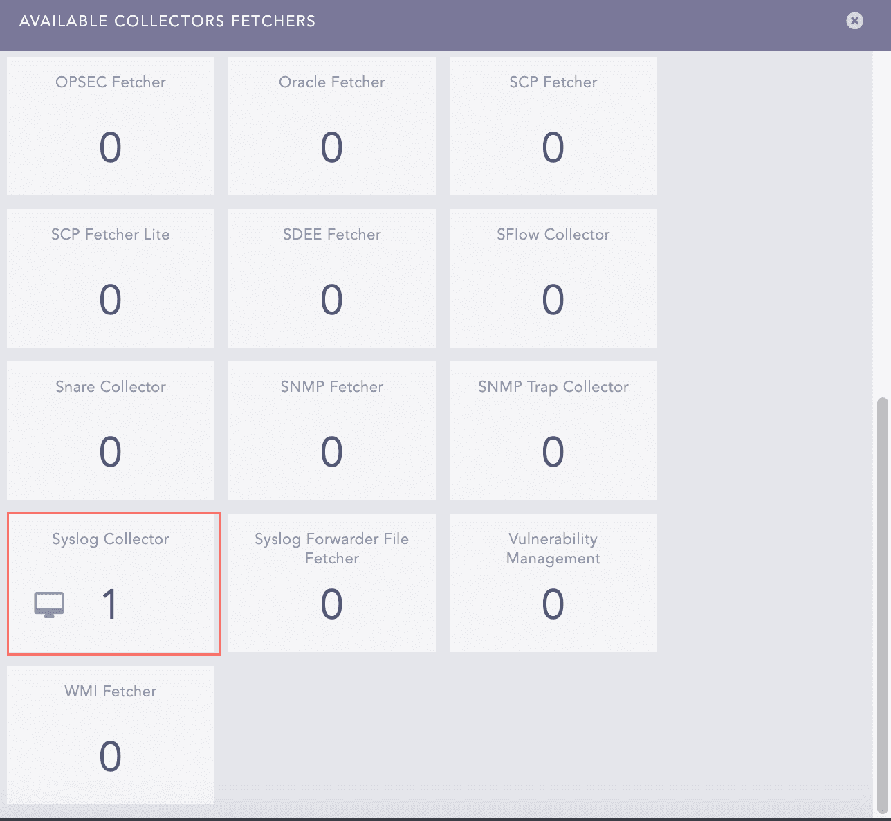 Available Collectors Fetchers Panel